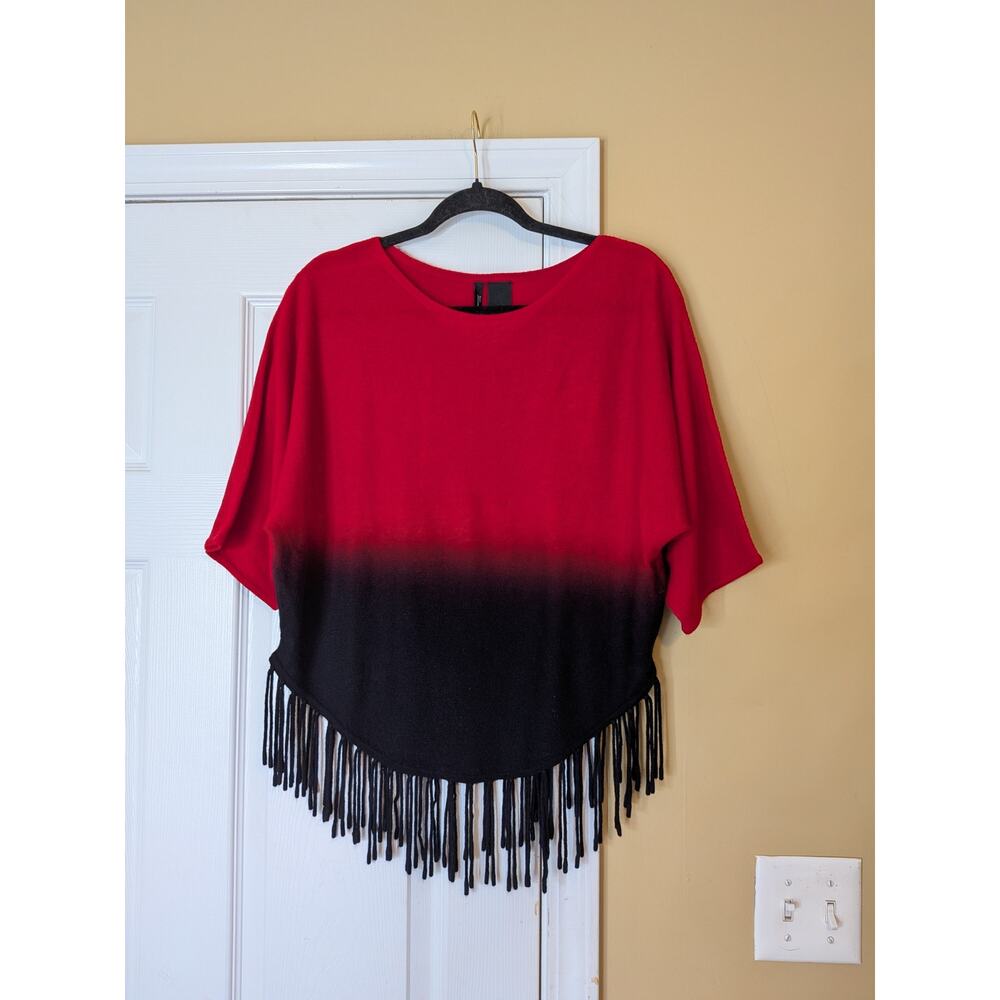 New Directions Fringe Poncho Sweater Petite Medium Red Black Ombre Western Boho